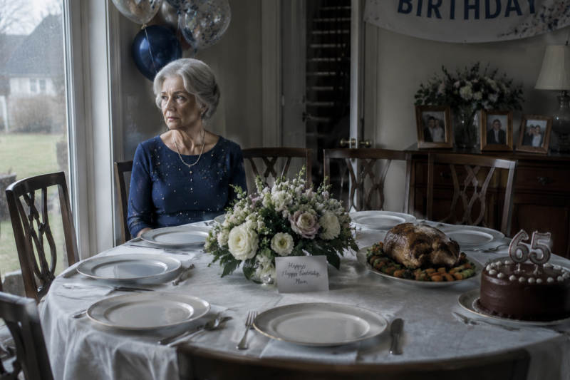 MY 65TH BIRTHDAY PARTY WAS EMPTY…AND THEN I FOUND OUT WHY.  I spent three weeks planning it—every detail perfect. Fresh flowers, my favorite roast in the oven, chocolate cake waiting on the counter, my navy-blue dress with tiny pearls ready. I called everyone to confirm. Eight seats set, all waiting for my family.