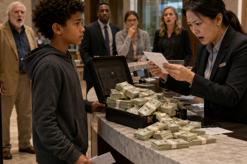 THE BOY BROUGHT A BLACK BRIEFCASE INTO THE BANK. WHEN IT OPENED, MONEY SPILLED OUT—AND A DEAD MAN’S NAME RETURNED. BUT THE NOTE INSIDE WAS THE SECRET THEY HAD BURIED FOR YEARS