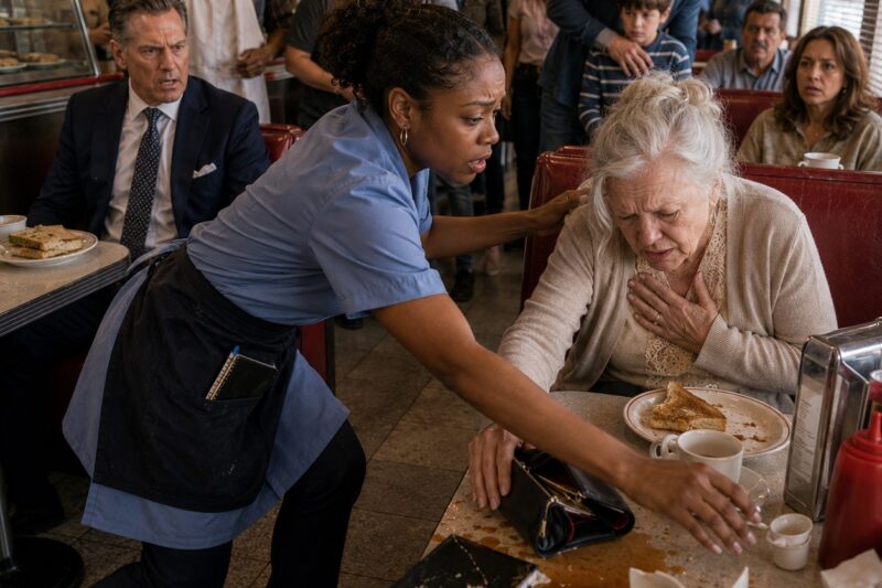 The CEO snapped his fingers at the Black waitress like she was a dog, then screamed, “You’re stupid,” loud enough for the whole diner to hear. Thirty people sat frozen over their coffee and eggs while Yvette Taylor stood there with a cracked notepad in her hand and a smile she had to force through humiliation. But the quiet old woman in the corner booth saw everything—and by Friday morning, one phone call from her would kill his billion-dollar deal and drag his company into bankruptcy.