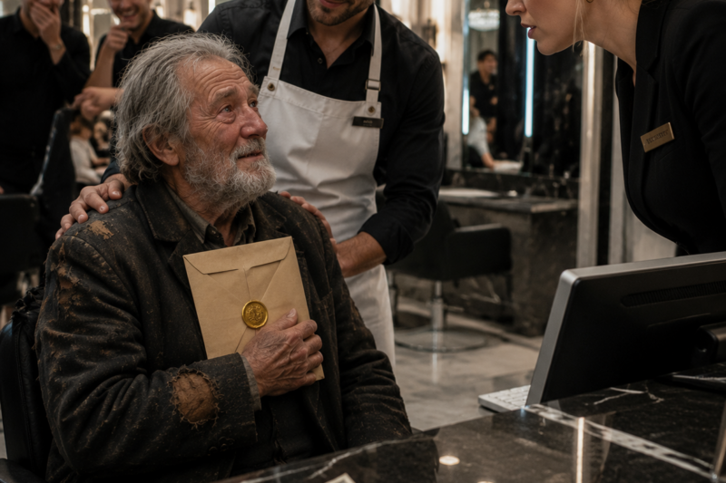 THE OLD MAN WALKED INTO THE SALON WITH ONE CRUMPLED DOLLAR AND A SHAMEFUL HOPE HE COULD BARELY HOLD IN HIS HAND. THE RECEPTIONIST LAUGHED AT HIS TORN COAT, HIS WORN SHOES, AND THE JOB INTERVIEW HE SAID HE NEEDED TO LOOK READY FOR. BUT WHEN HE SAT IN THE CHAIR AND PULLED OUT A SEALED ENVELOPE WITH A GOLD MARK, THE ROOM REALIZED HE HAD NOT COME FOR A HAIRCUT AT ALL.