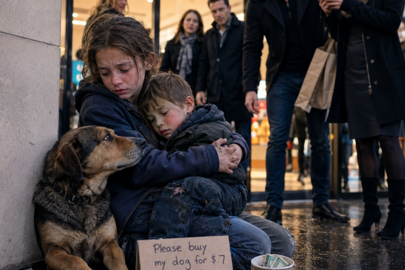 IN FRONT OF A CROWDED MALL, STRANGERS LAUGHED AT A 10-YEAR-OLD GIRL FOR TRYING TO SELL HER DOG FOR JUST $7 TO SAVE HER FEVERISH LITTLE BROTHER. AFTER CALLING HER A LIAR AND A SCAMMER, THEY TURNED THEIR BACKS AND SAID, “NO ONE IS STUPID ENOUGH TO FALL FOR THIS.” EVERYONE ELSE STOOD THERE IN SILENCE — BUT NONE OF THEM KNEW THAT THE DOG SHE WAS LETTING GO WAS THE LAST GIFT HER DEAD FATHER HAD EVER PLACED IN HER ARMS