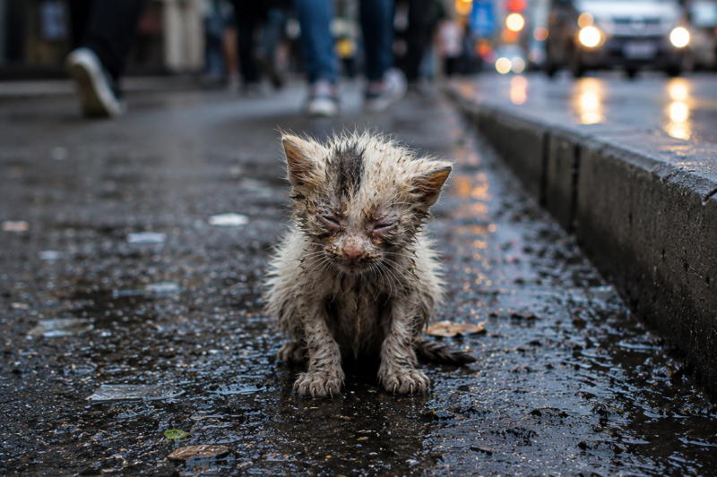 THE KITTEN SAT ON THE ROADSIDE WITH HIS EYES SEALED SHUT, TOO SICK TO CRY AND TOO SMALL TO MAKE ANYONE STOP.