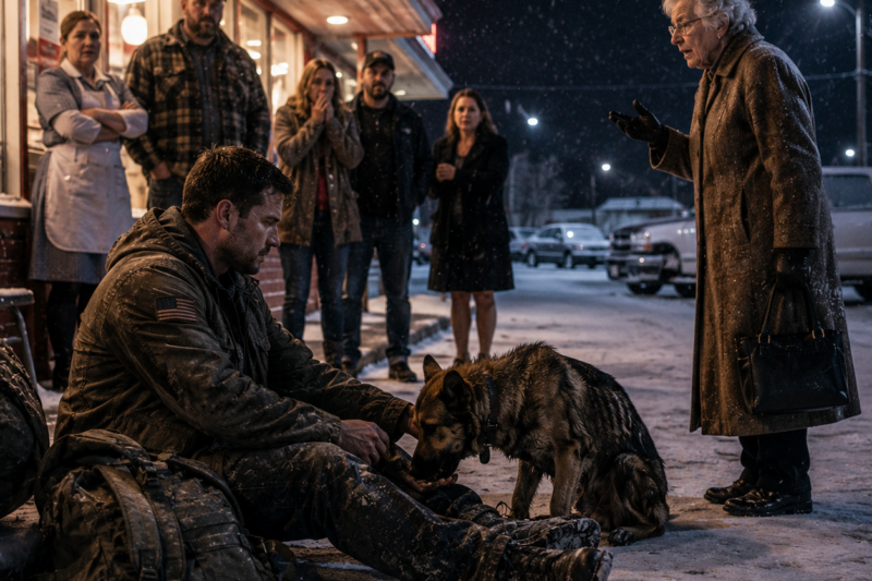 THE 93-YEAR-OLD WOMAN SAW THE MARINE FREEZING IN THE SNOW WITH HIS STARVING K9 BESIDE HIM. HE GAVE THE DOG HIS LAST PIECE OF FOOD, THEN SAT BACK LIKE HE HAD NOTHING LEFT TO SAVE.
