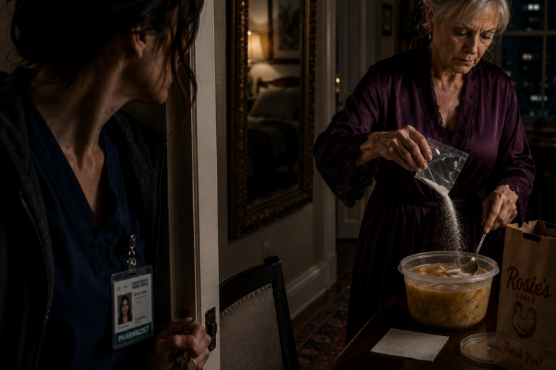 I caught my mother-in-law standing over my dinner at 1 a.m. with a packet of w,h,it,e p,o,w,d,e,r in her hand. She thought I would eat it, collapse quietly, and leave her son free to build a new life with the woman waiting in the shadows. But Valerie forgot one thing: I was a hospital pharmacist, and I knew exactly what she had stirred into my soup.