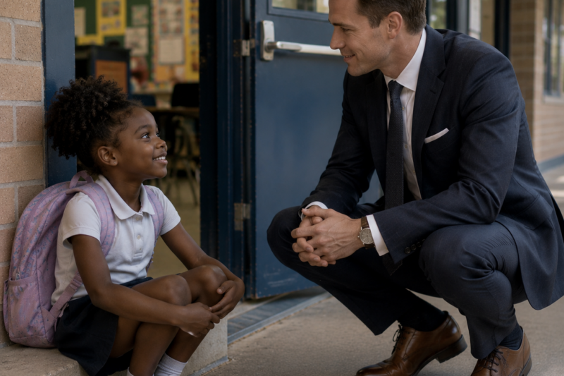 **Everyone Walked Into Class Except Her — Then the Millionaire CEO Saw the Little Girl Trembling**