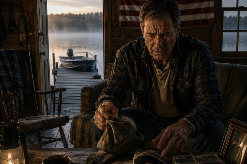 THE BOAT WAS STILL TIED TO THE DOCK WHEN I WOKE UP ALONE. MY SON WAS GONE BEFORE SUNRISE, BUT EVERY OBJECT IN THAT CABIN LOOKED TOO CAREFULLY PLACED TO BE MERCY. THEN I FOUND SOMETHING HIDDEN UNDER MY WIFE’S OLD FISHING HAT THAT MADE THE QUIET LAKE FEEL LIKE A CRIME SCENE.