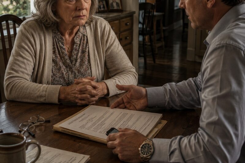 My son slid a folder across my kitchen table and told me to sign away the only home I had left. He said, “Just sign, Mom. The house is already gone.” I looked at his expensive watch, his impatient face, and the papers he thought I was too old and too broken to understand, then I remembered the letter my dead husband had hidden in his desk