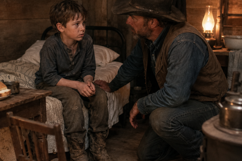 THE BOY SAID HE COULD SLEEP IN HIS BOOTS. HIS WRISTS WERE RAW, HIS CHEST WAS BRANDED, AND HIS EYES KEPT WATCHING THE DOOR. THEN THE COWBOY KNELT BESIDE HIM AND SAID, “REST EASY TONIGHT, SON.”