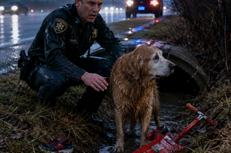THE DOG WOULD NOT LEAVE THE SCOOTER.  THE RAIN KEPT FALLING.  AND THE TROOPER ALMOST MISSED WHAT HE WAS TRYING TO SAY.