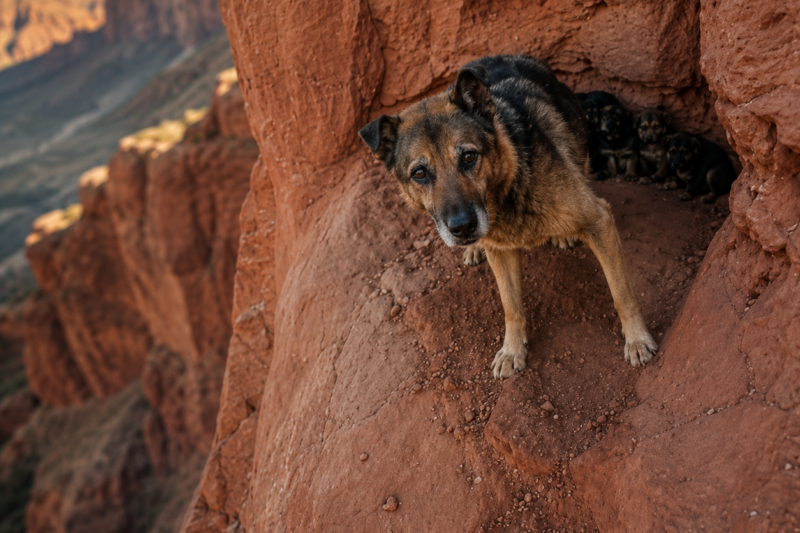 A Camera Fell 200 Feet Into A Utah Canyon—The Last Photo Showed An Old Dog Guarding Four Puppies On A Ledge