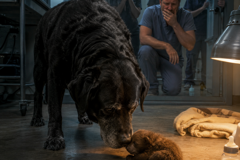 THE VET CLOSED THE DOOR.  THE BLIND CUB STOPPED BREATHING.  AND THE GRIEVING DOG TOOK ONE STEP FORWARD.