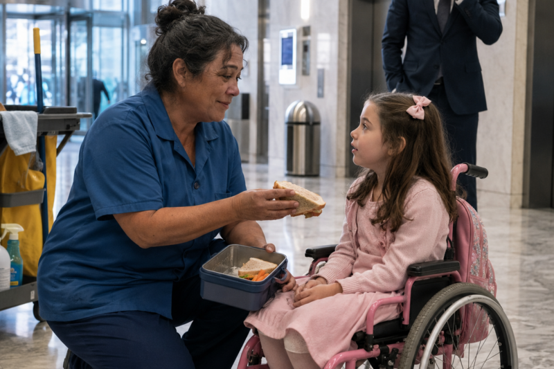POOR CLEANING LADY SHARES HER LUNCH WITH A GIRL IN A WHEELCHAIR—UNAWARE SHE’S THE BOSS’S DAUGHTER