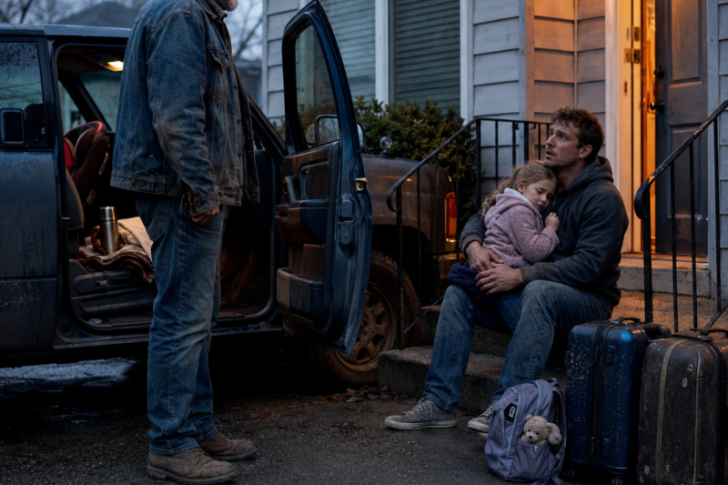 “GET IN THE TRUCK.” MY SON LOOKED UP FROM HIS FRONT STEPS WITH HIS LITTLE GIRL ASLEEP AGAINST HIS CHEST AND TWO SUITCASES BESIDE HIM. HE HAD NO IDEA I HAD BEEN WAITING FOURTEEN MONTHS FOR THE MAN WHO THREW HIM AWAY TO FINALLY MAKE HIS MISTAKE.
