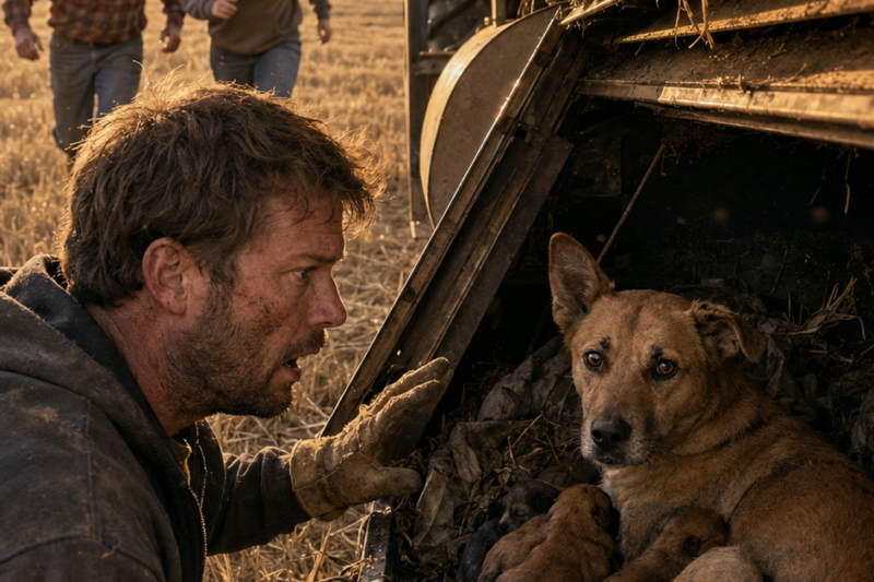 They Thought the Combine Hit a Rock—Then They Found a Mother Dog Hiding Five Puppies Beside the Blades