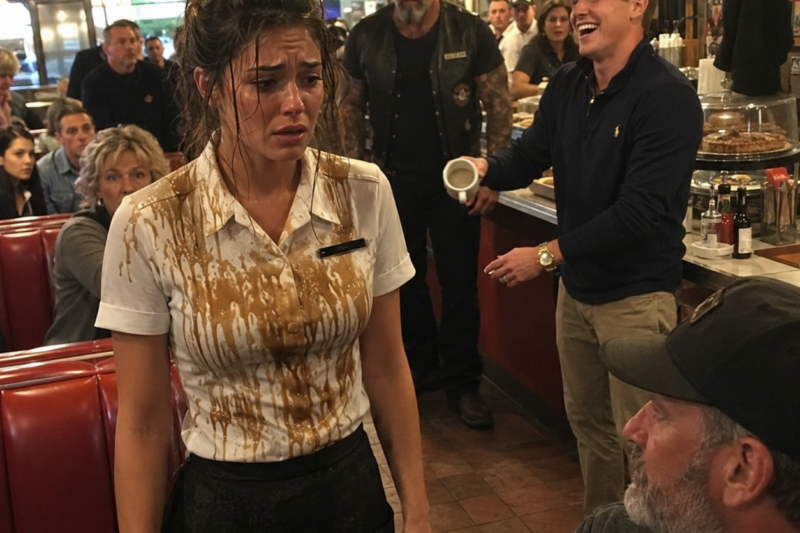 The Rich Boy Poured Coffee on a Broke Waitress in Front of Everyone — Then the Biker in the Back Booth Finally Stood Up  The first thing Emily Carter felt was not the coffee.  It was the silence.