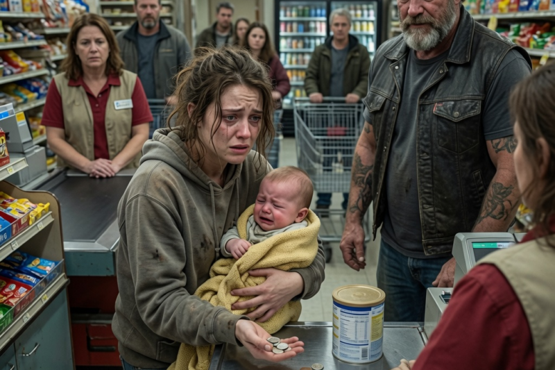 MARIA COUNTED HER LAST COINS ON THE GROCERY STORE COUNTER WHILE HER BABY CRIED AGAINST HER CHEST. THE FORMULA CAN SAT BETWEEN HER AND THE CASHIER LIKE THE ONLY THING STANDING BETWEEN HOPE AND HUNGER. THEN A MAN IN A BLACK LEATHER VEST STEPPED OUT OF THE AISLE, AND THE WHOLE STORE WENT QUIET.