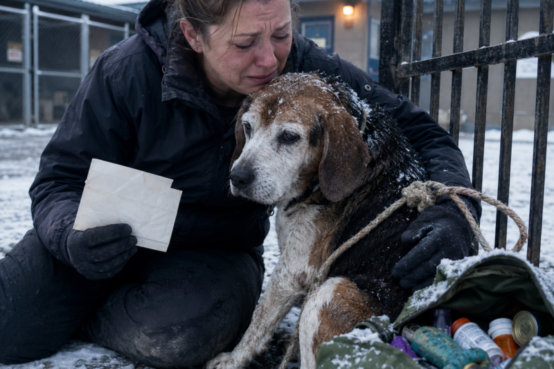 HE WAS TIED TO THE GATE IN THE SNOW. THE BAG BESIDE HIM HELD EVERYTHING HE HAD LEFT. AND THE LETTER INSIDE FELT LIKE SOMEONE HAD WRITTEN IT WHILE FALLING APART.
