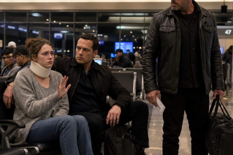 SHE DIDN’T SCREAM IN THE AIRPORT, BECAUSE THE MAN BESIDE HER HAD TAUGHT HER WHAT HAPPENED WHEN SHE MADE A SOUND. HER NECK WAS LOCKED IN A WHITE MEDICAL COLLAR, BUT IT WAS HER SILENCE THAT MADE GRAYSON WOLF LOOK TWICE. THEN SHE LIFTED HER HAND FOR HALF A SECOND, AND THE MOST DANGEROUS MAN AT GATE 47 UNDERSTOOD EVERYTHING.