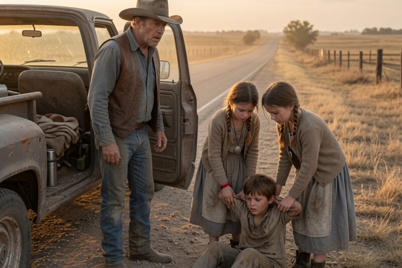 ALL THREE CHILDREN WERE WALKING BAREFOOT DOWN A BURNING TEXAS HIGHWAY. THE LITTLE BOY FELL FIRST, AND HIS SISTERS DIDN’T CRY—THEY JUST TRIED TO PULL HIM BACK TO HIS FEET. THEN THE OLD RANCHER STOPPED HIS TRUCK, OPENED THE DOOR, AND SAID, “ALL THREE OF YOU… GET IN.”