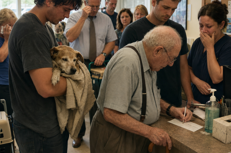 The Boy Carried a Barely Breathing Old Dog Into the Vet Clinic With No Money — Everyone Looked Away Until His Grandfather Stood Up, Opened a Worn Checkbook, and Proved One Forgotten Life Was Still Worth Saving