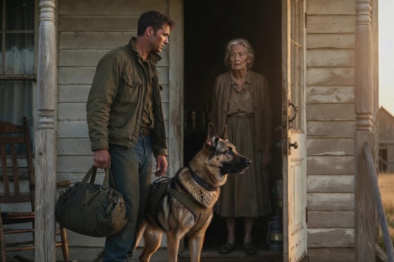 A MARINE CAME BACK TO HIS FAMILY FARM AFTER TEN YEARS AWAY. HIS K9 STOPPED COLD AT THE PORCH BEFORE THE DOOR EVEN OPENED. INSIDE STOOD A 72-YEAR-OLD WOMAN WHO HAD BEEN LIVING THERE LIKE SHE WAS WAITING FOR WAR