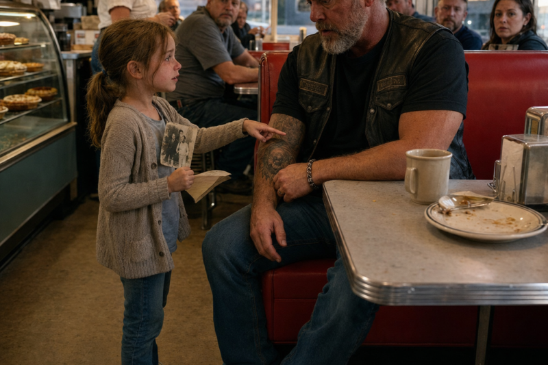 THE LITTLE GIRL DIDN’T WALK INTO RUSTY’S DINER LOOKING FOR TROUBLE. SHE WALKED IN HOLDING A FADED PHOTO, A DYING MOTHER’S FEAR, AND THE LAST NOTE HER FATHER EVER WROTE. THEN SHE POINTED AT THE BIKER’S TATTOO AND WHISPERED, “MY FATHER HAD THAT SAME ONE.”