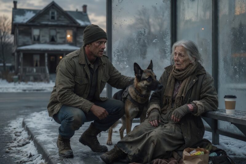 A HOMELESS GRANDMOTHER COLLAPSED AT A FROZEN BUS STOP IN FRONT OF A MARINE. HIS K9 REFUSED TO LEAVE HER SIDE, THEN PRESSED HIS NOSE AGAINST THE BRUISES HIDDEN UNDER HER SLEEVE. WHEN THE MARINE ASKED WHO HURT HER, THE NAME SHE WHISPERED LED TO A HOUSE FULL OF FORGOTTEN ELDERLY PEOPLE