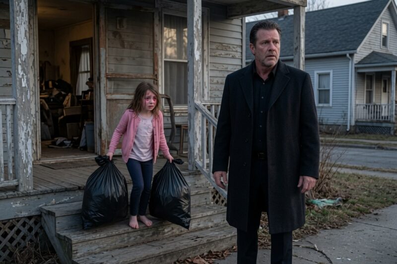 THE LITTLE GIRL WAS STANDING BAREFOOT ON A FREEZING PORCH WHILE THE WHOLE TOWN PRETENDED NOT TO SEE HER. SHE WAS NINE YEARS OLD, DRAGGING TRASH BAGS BIGGER THAN HER BODY, FLINCHING EVERY TIME HER MOTHER SCREAMED FROM INSIDE. THEN A QUIET MILLIONAIRE STOPPED WALKING, LOOKED AT THE HOUSE EVERYONE AVOIDED, AND MADE ONE DECISION THAT CHANGED EVERYTHING.
