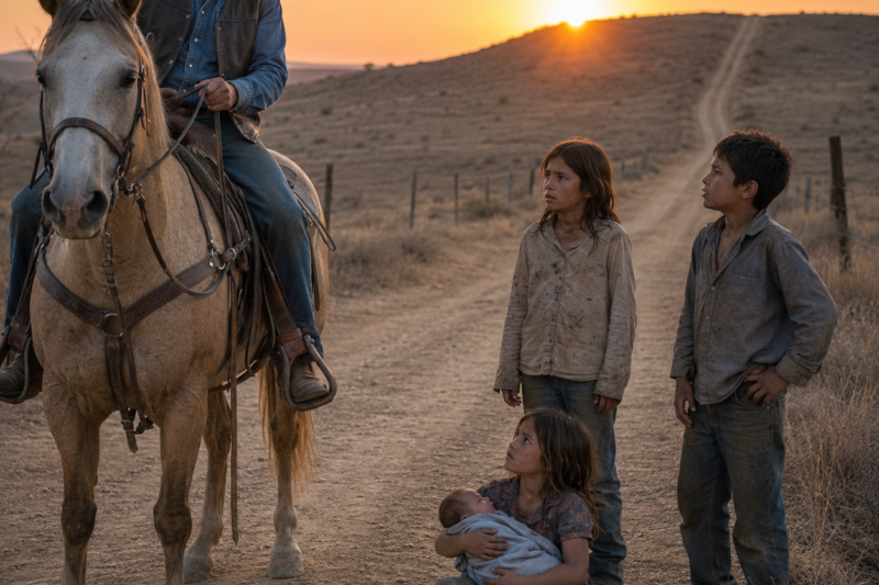 NOBODY STOPPED WHEN THE LITTLE GIRL CRIED ON THE TEXAS ROAD. SHE HAD A TWISTED LEG, A STARVING BABY IN HER ARMS, AND A WAGON TRAIN DISAPPEARING OVER THE RIDGE. THEN ONE SILENT COWBOY REINED IN HIS HORSE AND CHANGED ALL THREE OF THEIR LIVES.