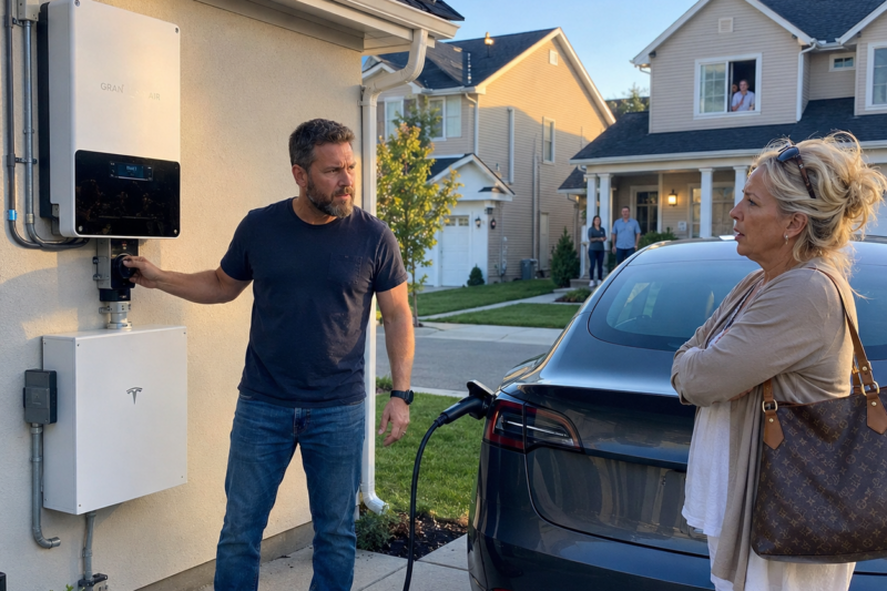 HOA KAREN KEPT PLUGGING HER TESLA INTO MY SOLAR GRID LIKE MY DRIVEWAY WAS A FREE CHARGING STATION. WHEN I TOLD HER IT WAS PRIVATE, SHE SMILED AND SAID, “YOU DON’T OWN THE SUN.” SO I SET MY SAFETY LOCKOUT TO MAXIMUM AND WATCHED HER LEARN THE DIFFERENCE BETWEEN RENEWABLE ENERGY AND STOLEN ELECTRICITY.