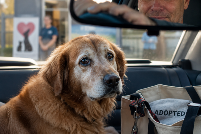 HE SAT IN THE BACK SEAT LIKE HE WAS AFRAID TO BELIEVE IT.  NO BARKING.  NO JOY YET.