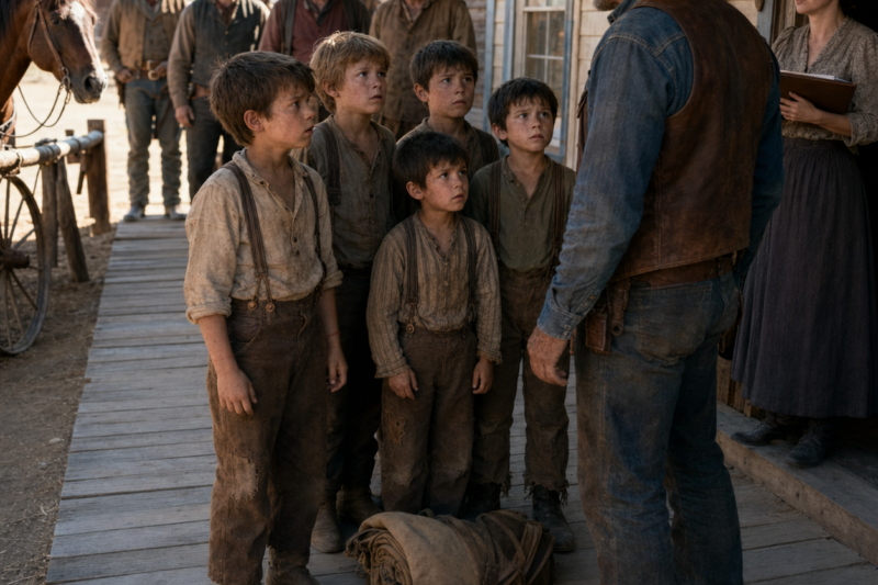 FIVE LITTLE BOYS STOOD OUTSIDE THE COUNTY OFFICE WITH ROPE MARKS ON THEIR WRISTS. THE CLERK SAID NOBODY IN BITTER CREEK WOULD KEEP MORE THAN TWO. THEN ONE SILENT COWBOY STEPPED FROM THE BACK OF THE CROWD AND SAID, “I’LL TAKE ALL FIVE.”