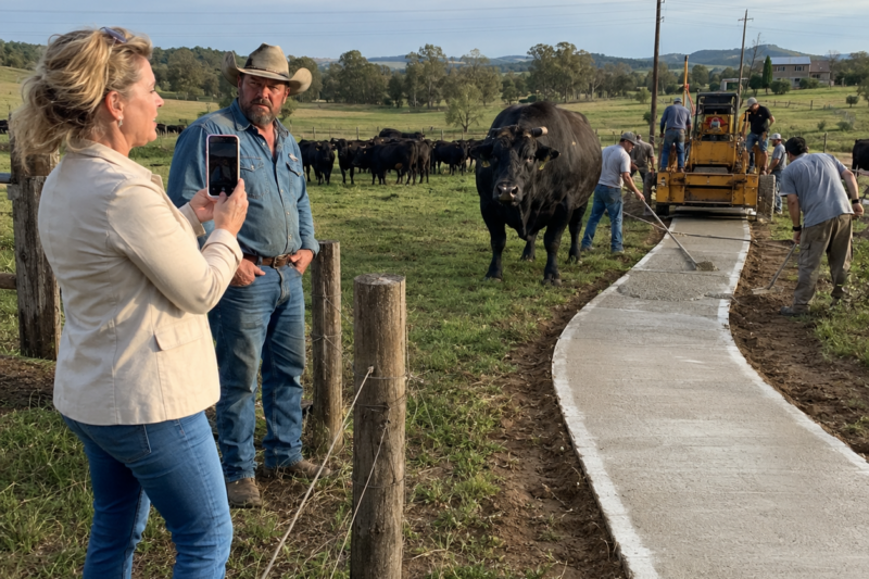CORDELIA WHITMORE BUILT A CONCRETE BIKE PATH STRAIGHT THROUGH MY ACTIVE CATTLE PASTURE. SHE STOOD BY THE FENCE FILMING ME WHILE HER CREW CRUSHED THE GRASS MY HERD NEEDED TO SURVIVE. SHE FORGOT THE FIELD ALREADY HAD A BOSS — A 2,200-POUND BLACK ANGUS BULL NAMED TAURUS.