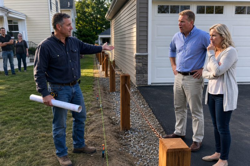 THEY BUILT THEIR GARAGE OVER MY DRIVEWAY AND TOLD ME IT WAS “JUST A FEW FEET.” WHEN I SHOWED THEM THE SURVEY, THEY SAID I COULD STILL GET IN AND OUT IF I WAS CAREFUL. SO I BUILT ONE SIMPLE THING ON MY OWN PROPERTY THAT MADE THEIR BRAND-NEW GARAGE ALMOST IMPOSSIBLE TO USE.