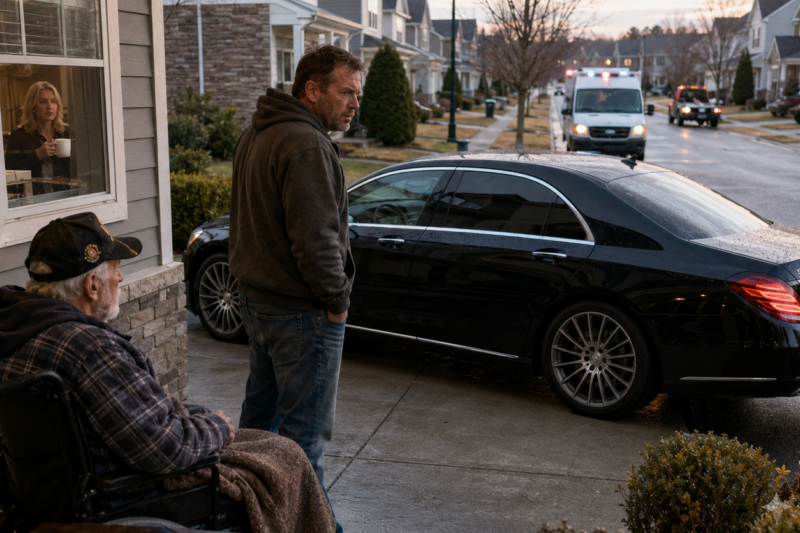 KAREN WHITMORE STANTON BLOCKED MY DRIVEWAY AGAIN WHILE MY DISABLED VETERAN FATHER WAITED FOR MEDICAL TRANSPORT. SHE SAT ACROSS THE STREET BEHIND HER KITCHEN WINDOW, SIPPING COFFEE LIKE HIS PAIN WAS PART OF HER MORNING ROUTINE. SHE DIDN’T KNOW HER $80,000 MERCEDES WAS ABOUT TO VANISH UNDER THE VERY HOA RULES SHE WROTE HERSELF.