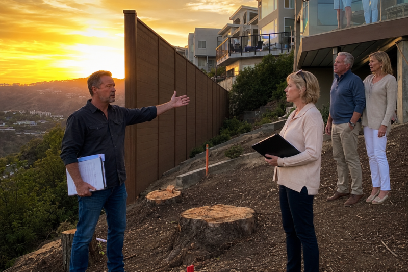 THEY CUT MY TREES WHILE I WAS AT WORK SO THEIR MILLION-DOLLAR HOUSES COULD SEE THE SUNSET. WHEN I ASKED WHO GAVE THEM PERMISSION, THE HOA PRESIDENT CALLED IT “REASONABLE VIEW RESTORATION.” SO I BUILT ONE WALL ON MY OWN LAND THAT MADE EVERY GLASS BALCONY ON THAT RIDGE GO DARK OVERNIGHT.