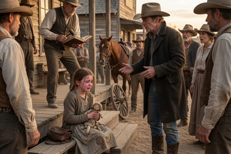 THE AUCTIONEER RAISED HIS GAVEL WHILE THE GIRL SOBBED ON HER KNEES. EVERY MAN IN THE CROWD TREATED HER LIKE A CONTRACT, NOT A CHILD. THEN A QUIET COWBOY STEPPED FORWARD, BID TWO HUNDRED DOLLARS, AND REFUSED TO LET THEM OWN HER.