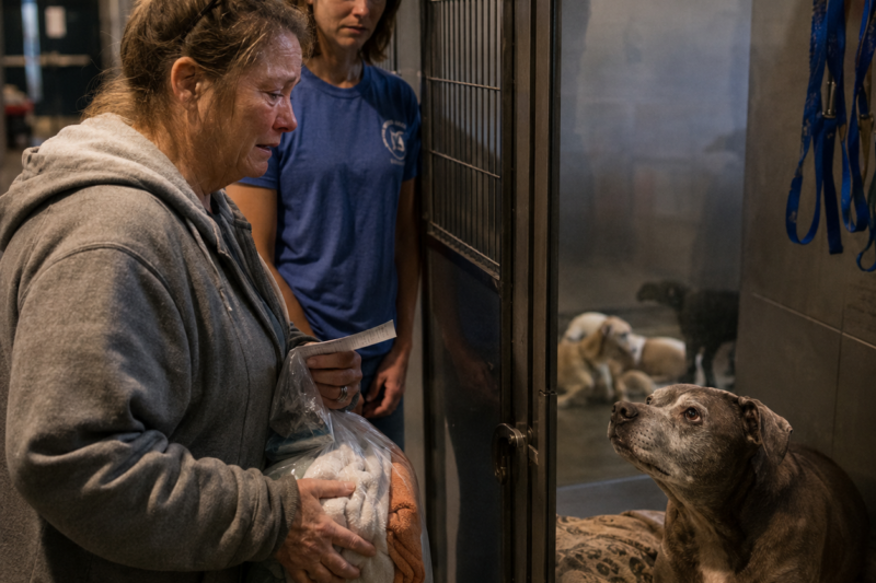 An old dog had been sitting in the last kennel of a shelter for eight weeks, facing the door every single night.